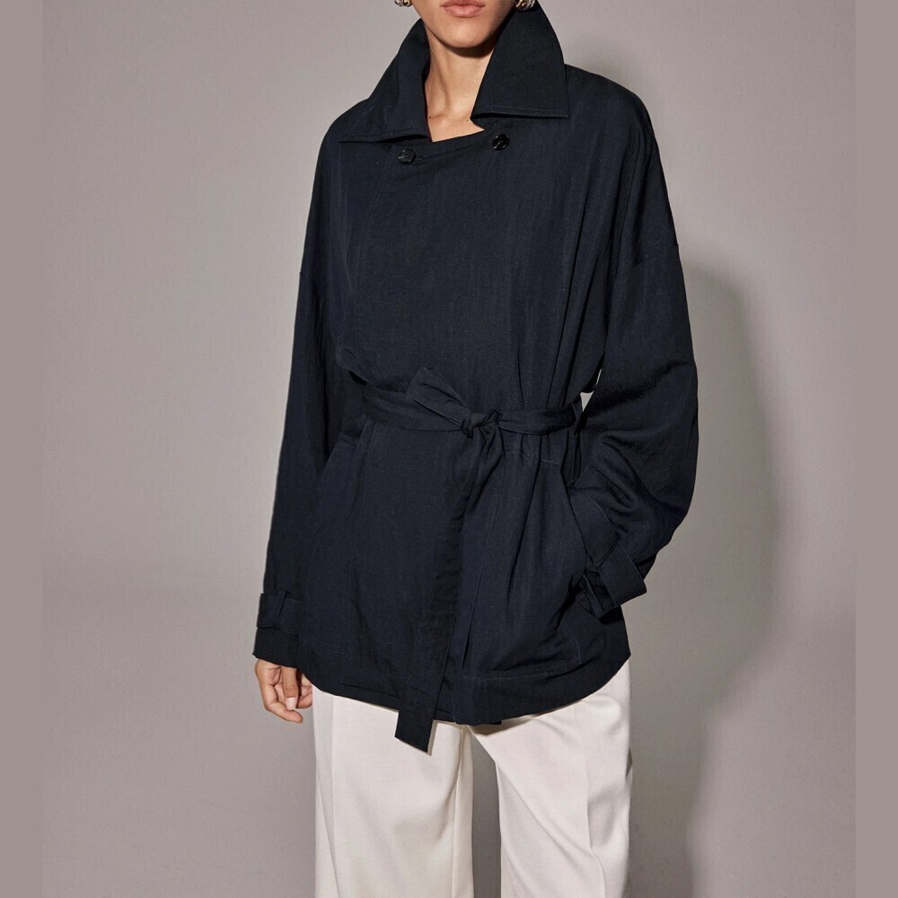 Navy Woven Belted Cropped Trench Coat with Notched Collar and Cuff Tabs